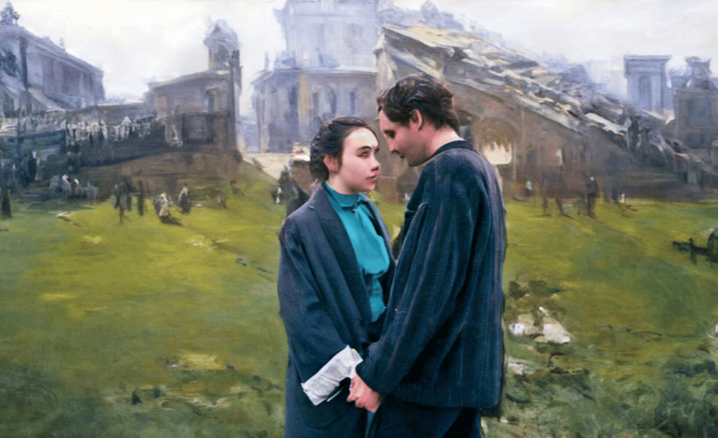 A scene of two people standing closely in a grassy area with architectural ruins in the background.